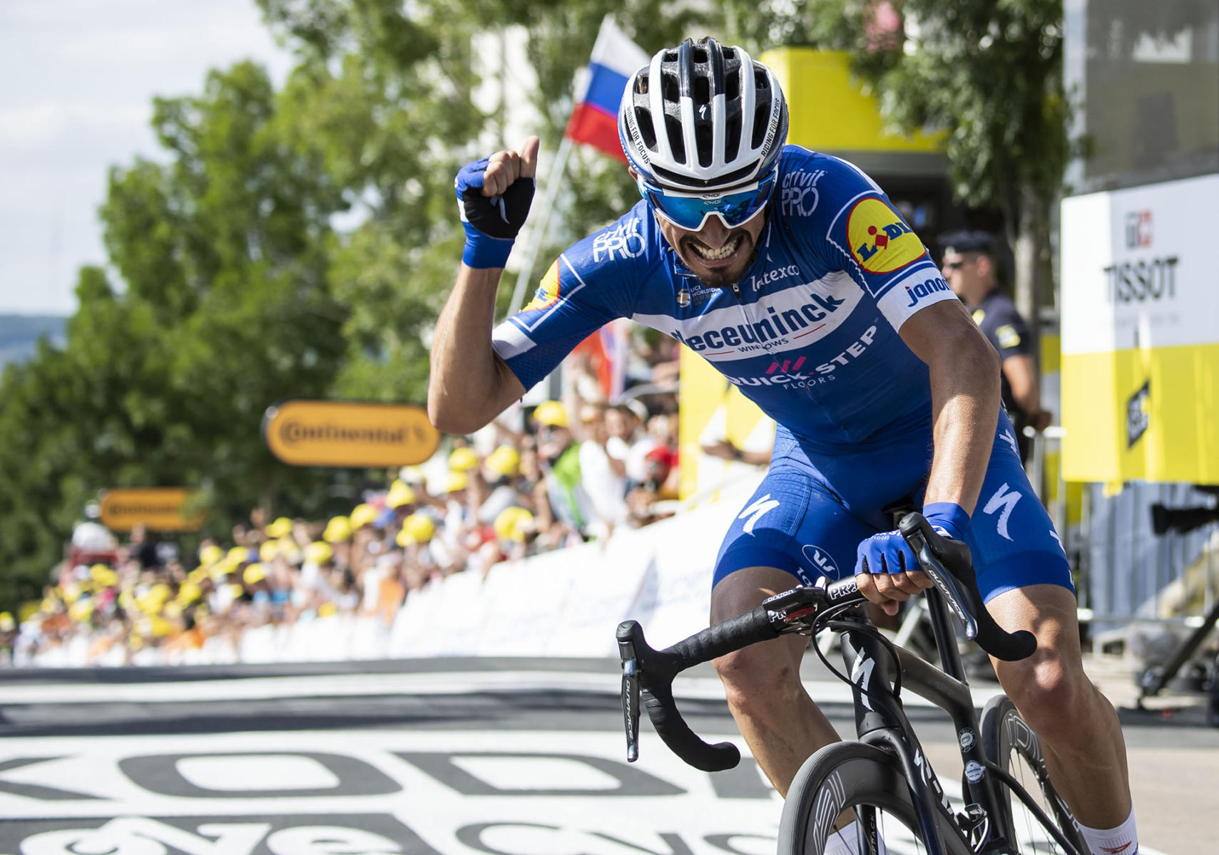 Tour de France 2019 - Stage Three - Julian Alaphilippe celebrates winning the stage